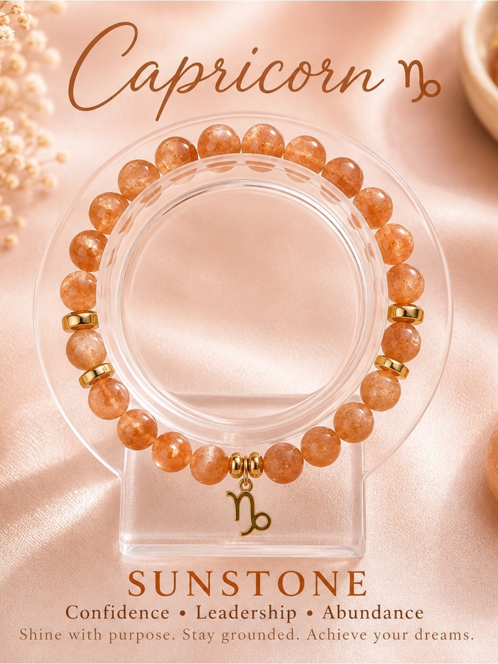 Sunstone Capricorn Beaded Bracelet with Gold Charm